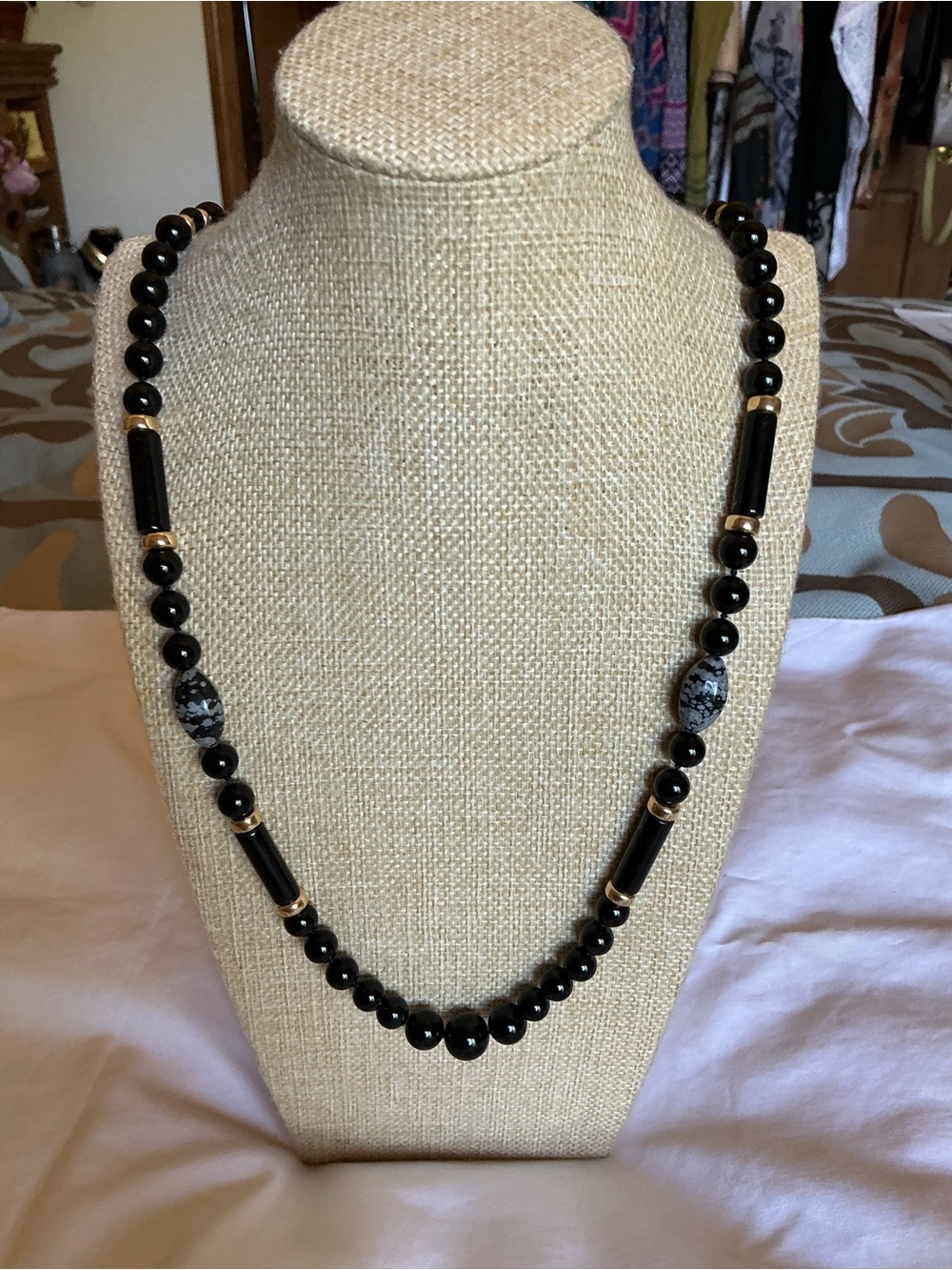 Onyx, Snowflake Obsidian and Gold Tone Bead Necklace